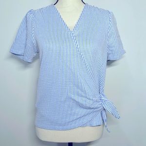 Michael Kors short sleeve wrap top, blue seersucker, petite small